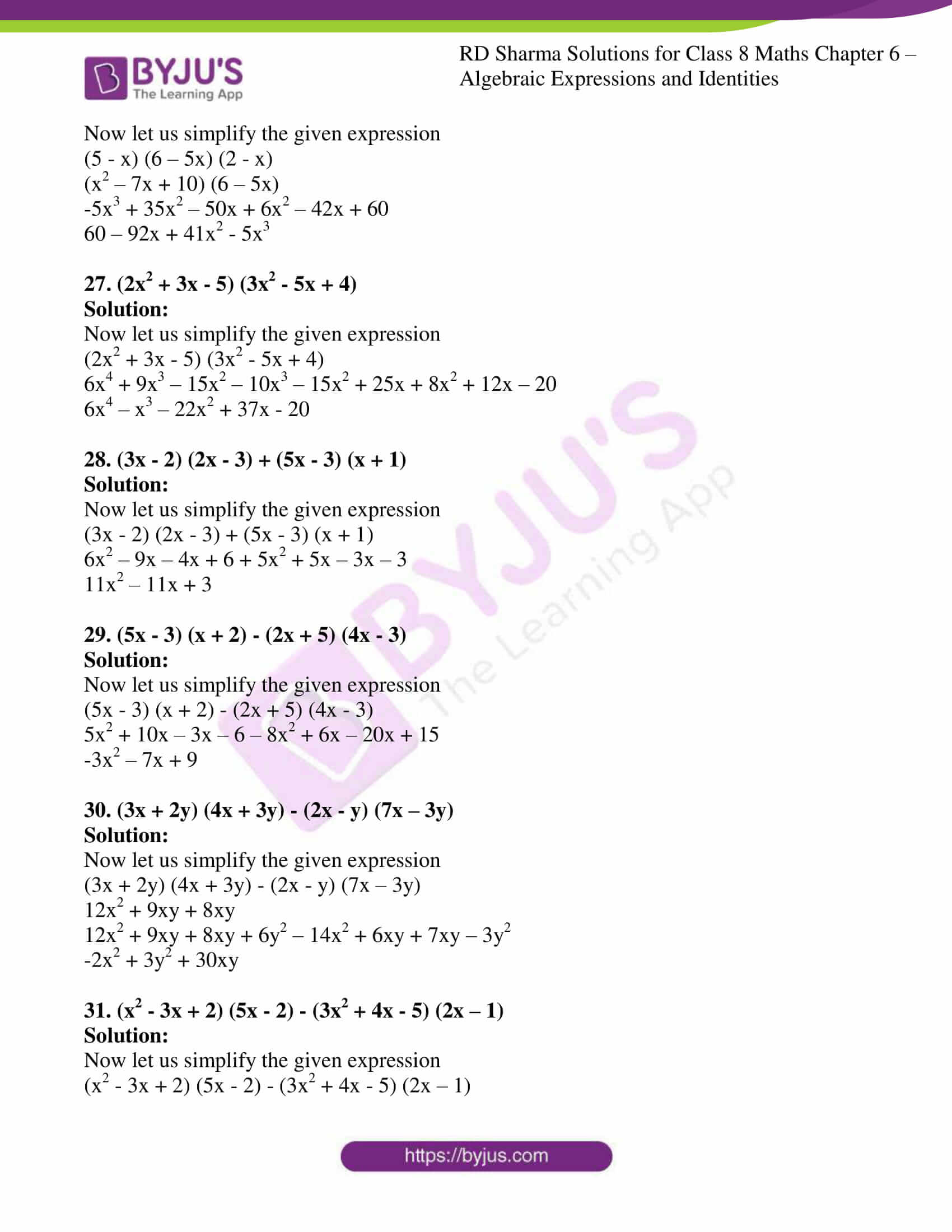 Rd Sharma Solutions For Class 8 Chapter 6 Algebraic Expressions And Identities Exercise 6 5 Get Free Pdf