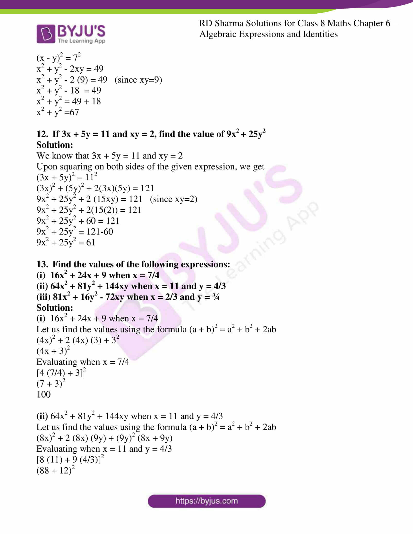 Rd Sharma Solutions For Class 8 Chapter 6 Algebraic Expressions And Identities Exercise 6 6 Access Free Pdf