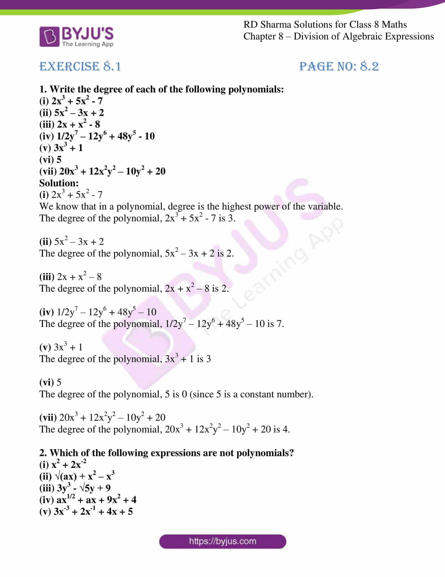 RD Sharma Solutions for Class 22 Chapter 22 Division of Algebraic In Polynomial Long Division Worksheet