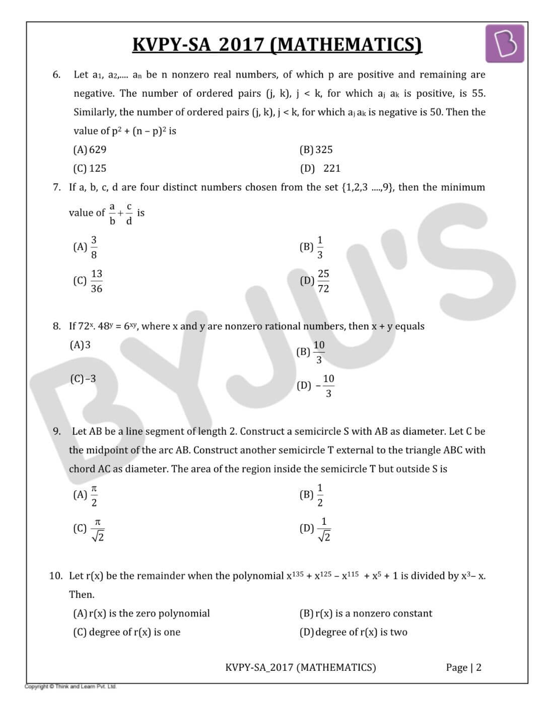 KVPYSA 2017 Mathematics Solutions Paper Download PDF