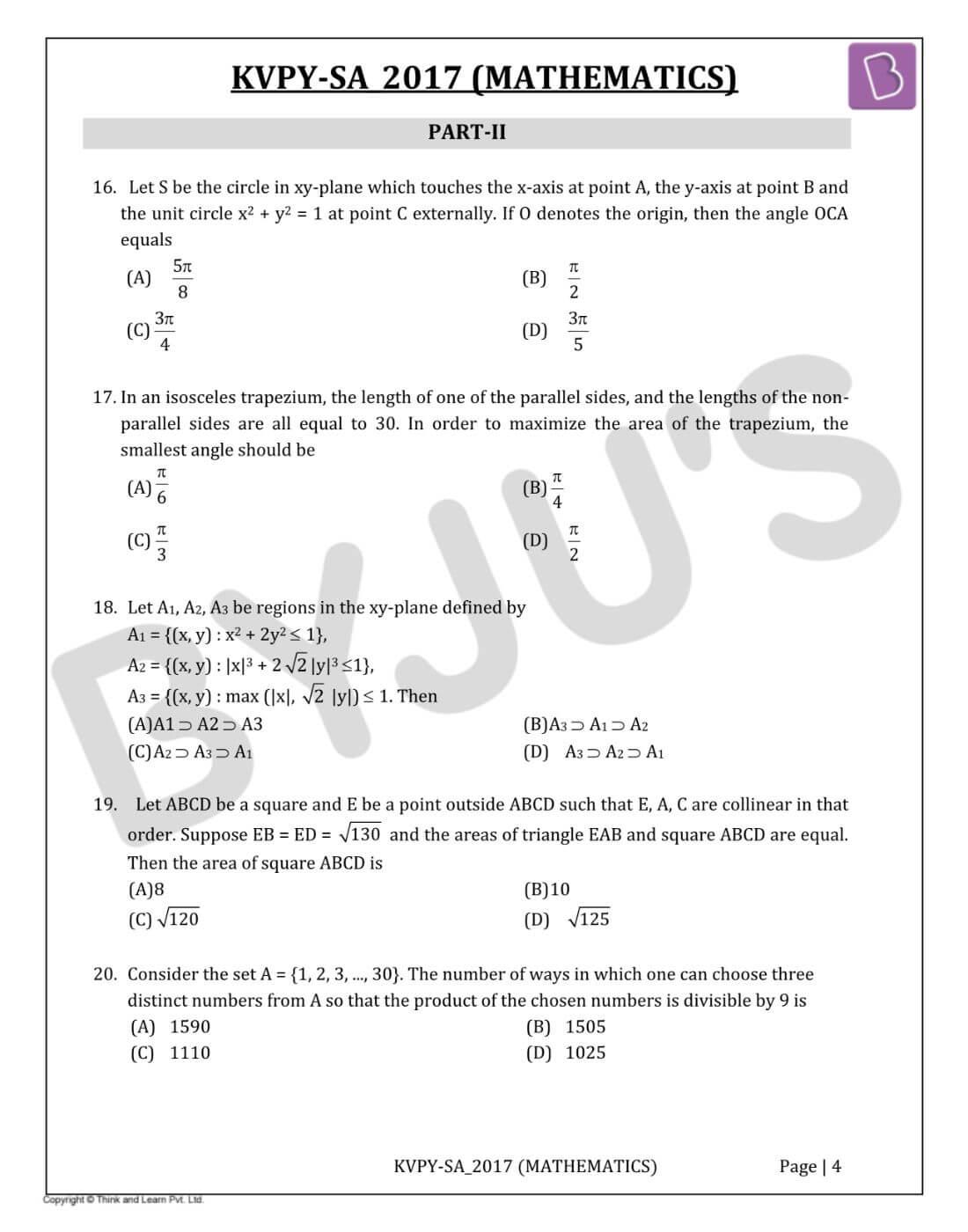 KVPYSA 2017 Mathematics Solutions Paper Download PDF