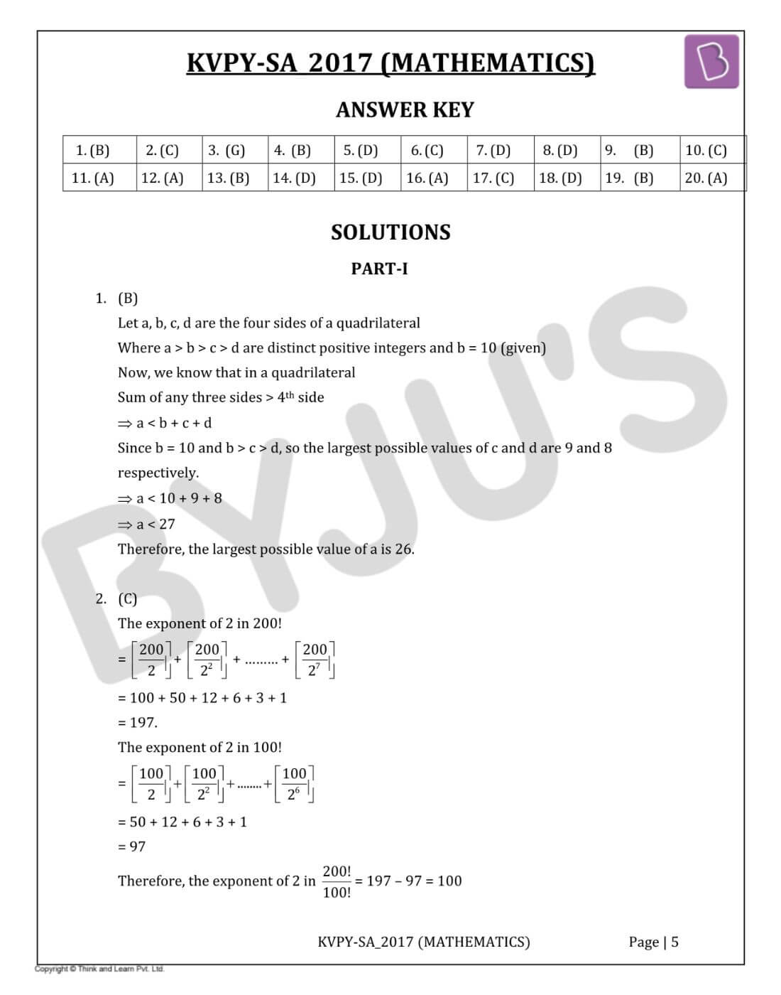 KVPYSA 2017 Mathematics Solutions Paper Download PDF