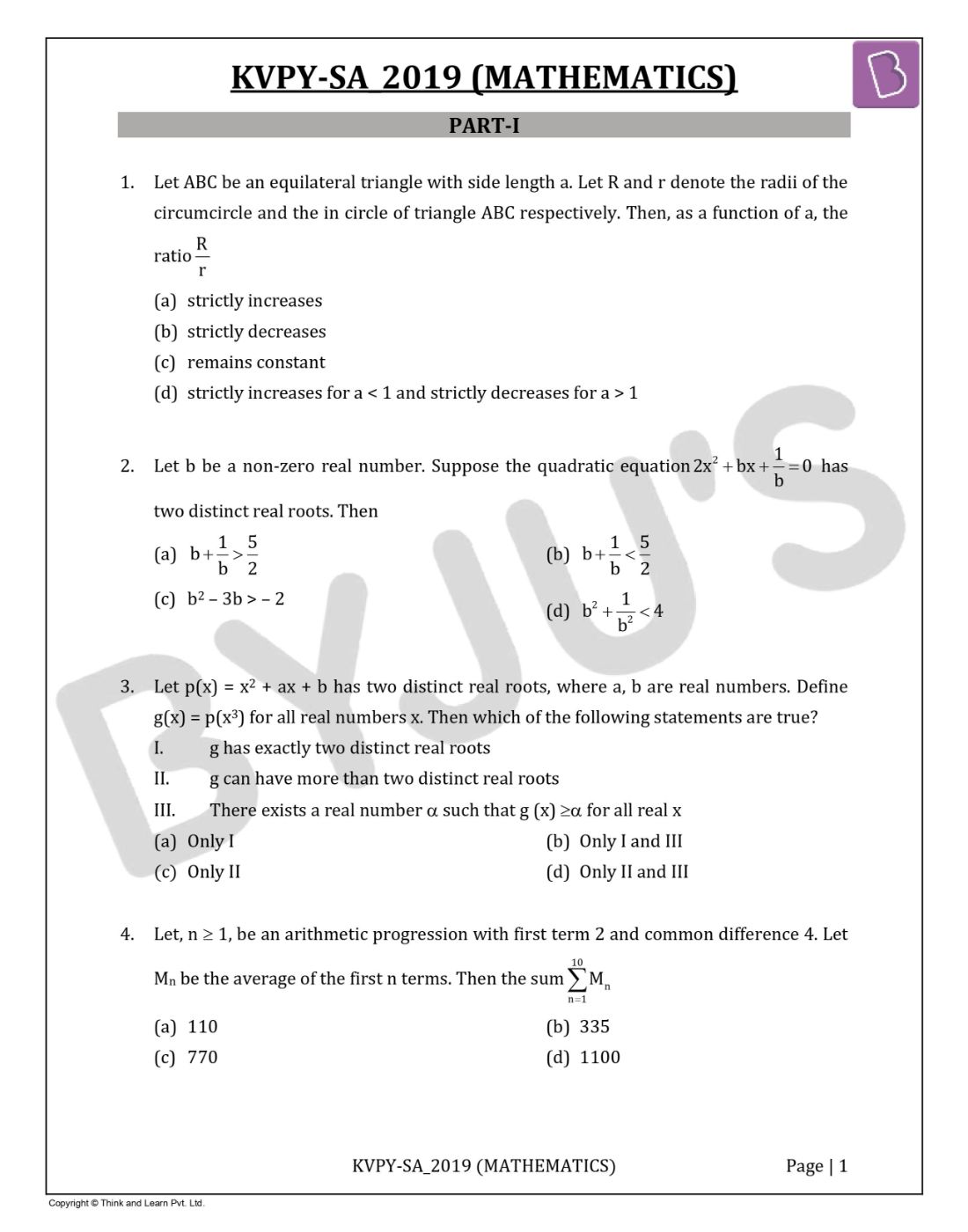 KVPYSA 2019 Maths Question Paper With Solutions Download Free PDF