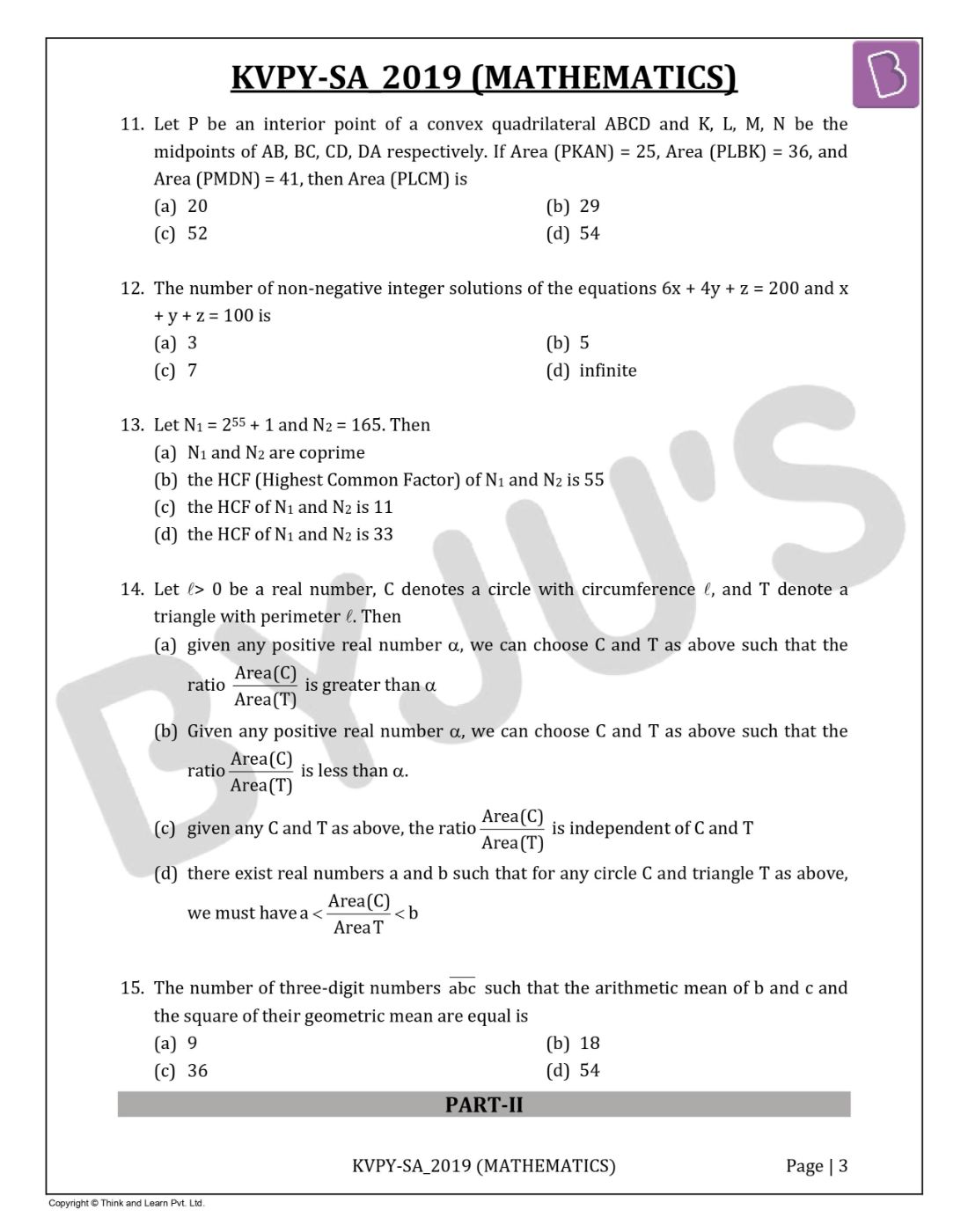 KVPYSA 2019 Maths Question Paper With Solutions Download Free PDF