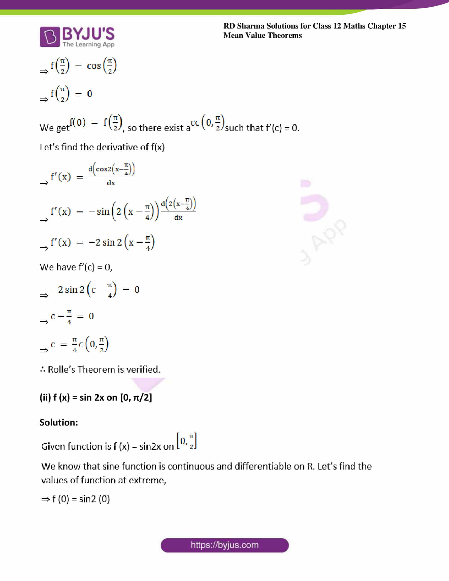 Rd Sharma Solutions For Class 12 Maths Chapter 15 Mean Value Theorems Avail Free Pdf