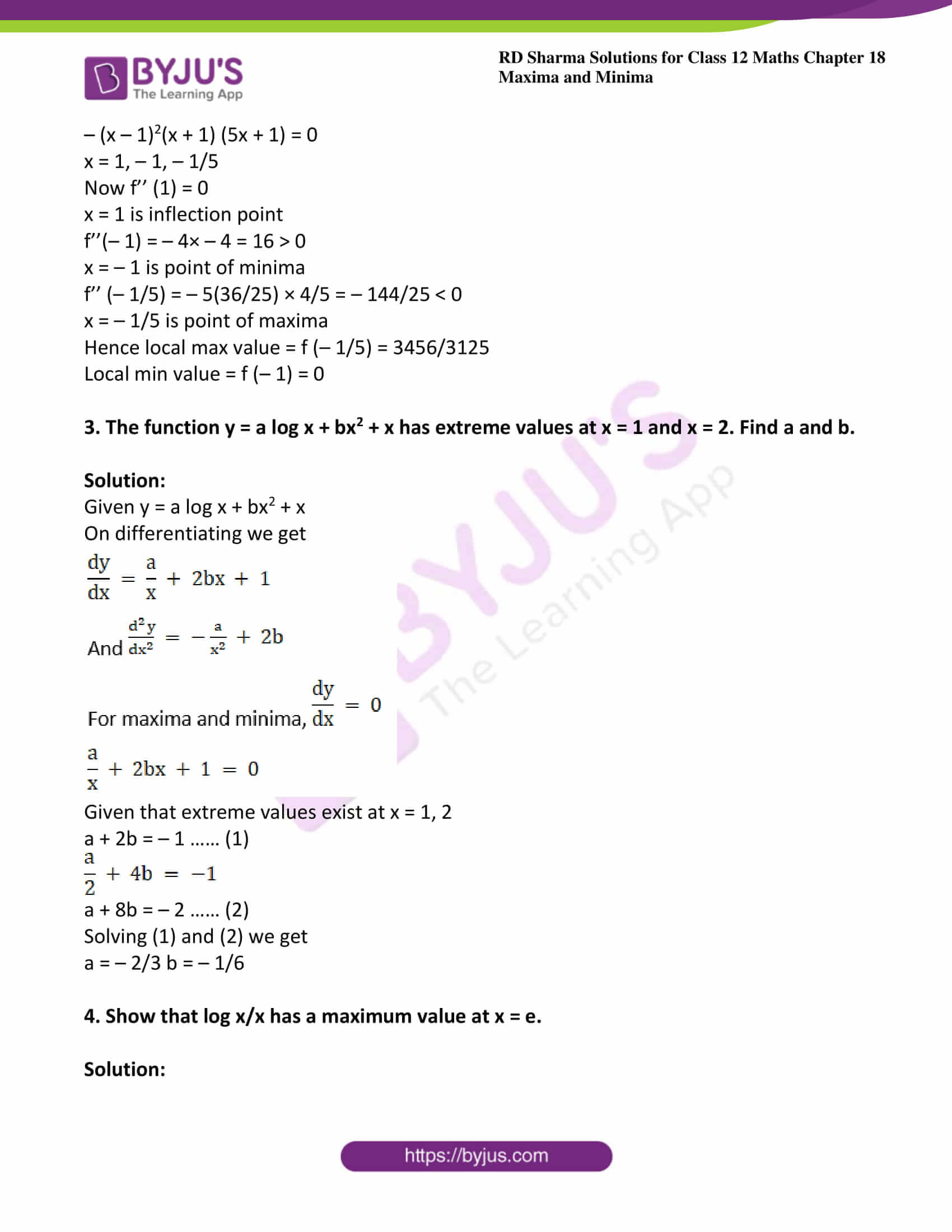 Rd Sharma Solutions For Class 12 Maths Chapter 18 Maxima And Minima Avail Free Pdf