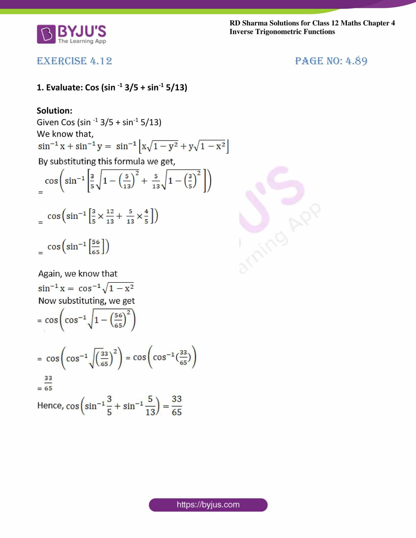 Rd Sharma Solutions For Class 12 Maths Chapter 4 Inverse Trigonometric Functions Avail Free Pdf