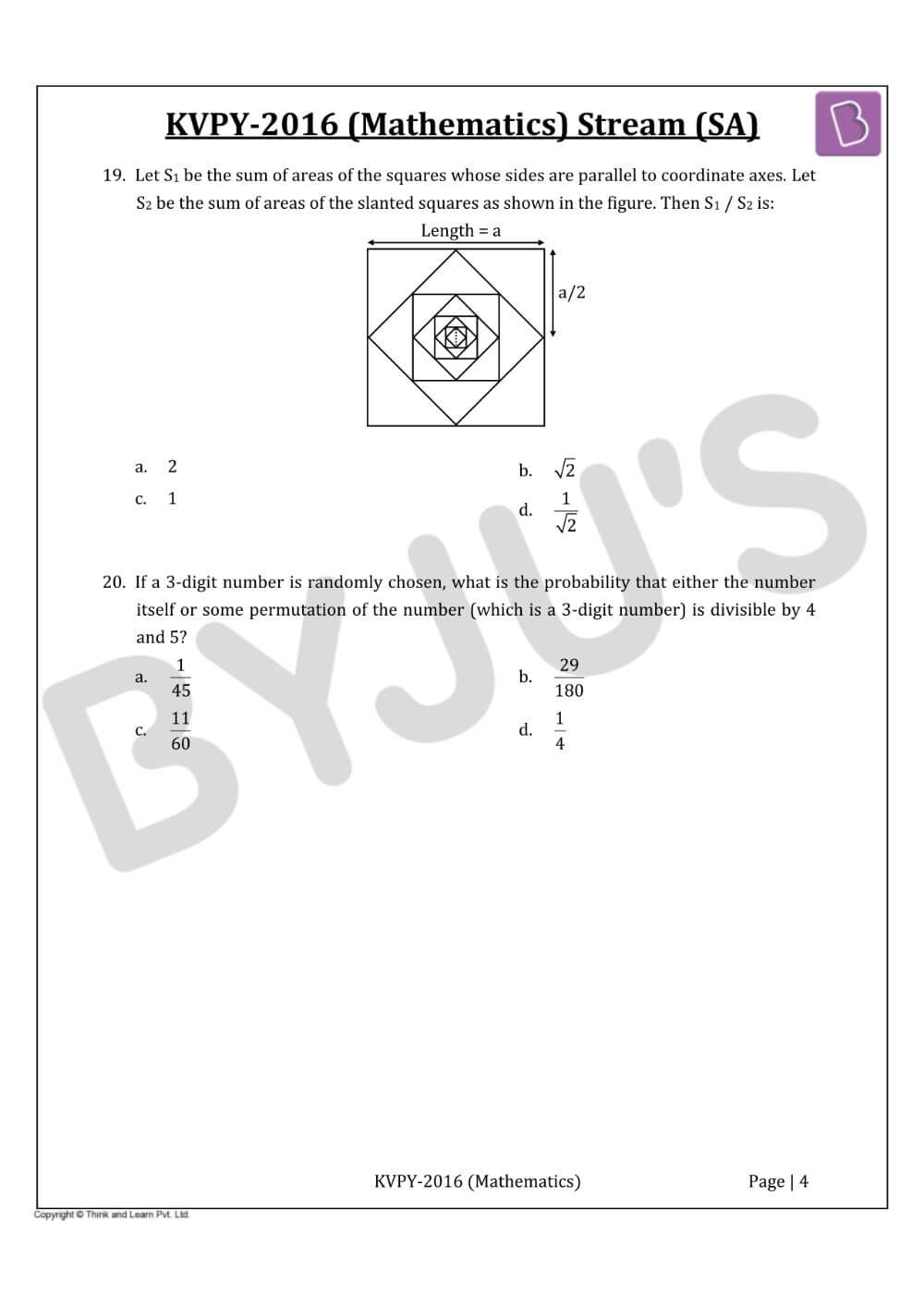 KVPY SA 2016 Mathematics Solved Paper Download PDF