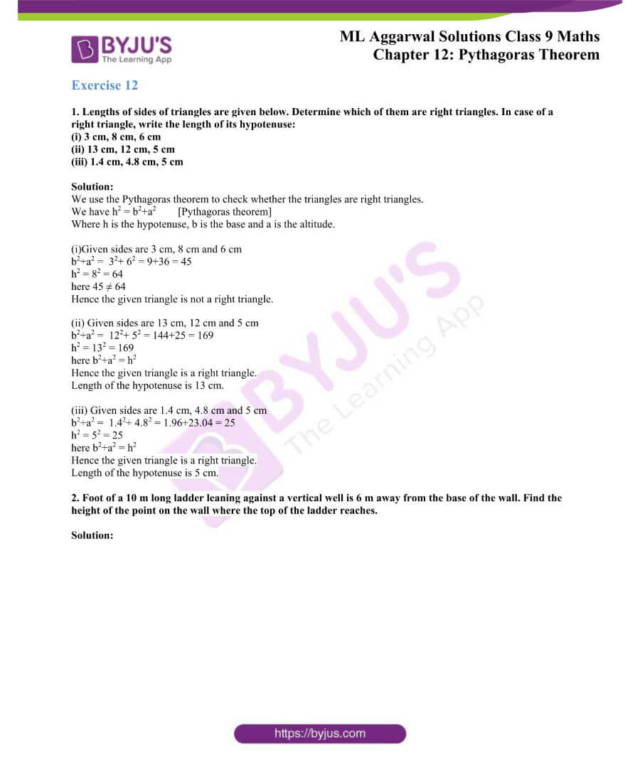 ML Aggarwal Solutions for Class 9 Maths Chapter 12 Pythagoras Theorem