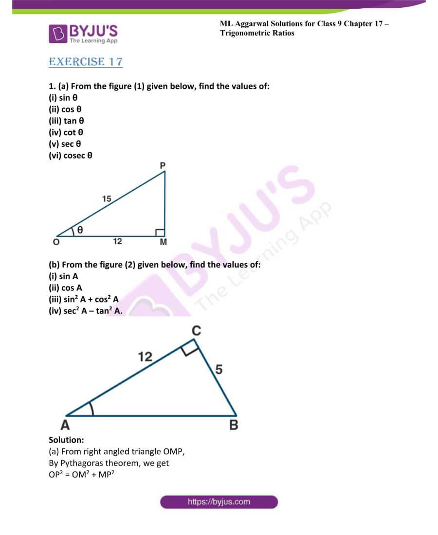 ML Aggarwal Solutions for Class 9 Maths Chapter 17 Trigonometric Ratios