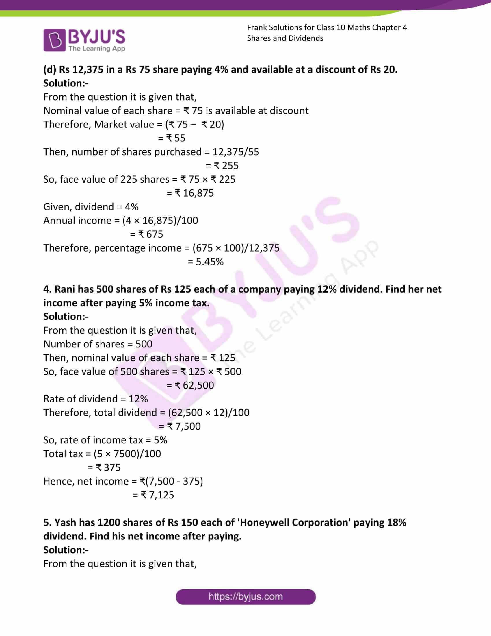 Frank Solutions For Class 10 Maths Chapter 4 Shares And Dividends 