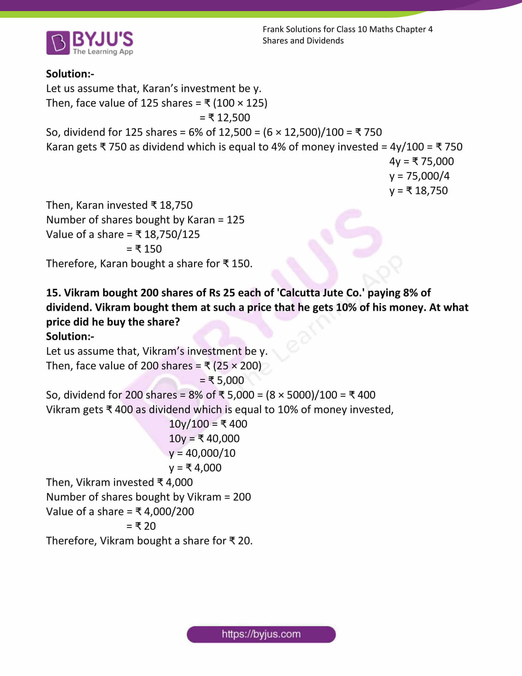Frank Solutions For Class 10 Maths Chapter 4 Shares And Dividends 