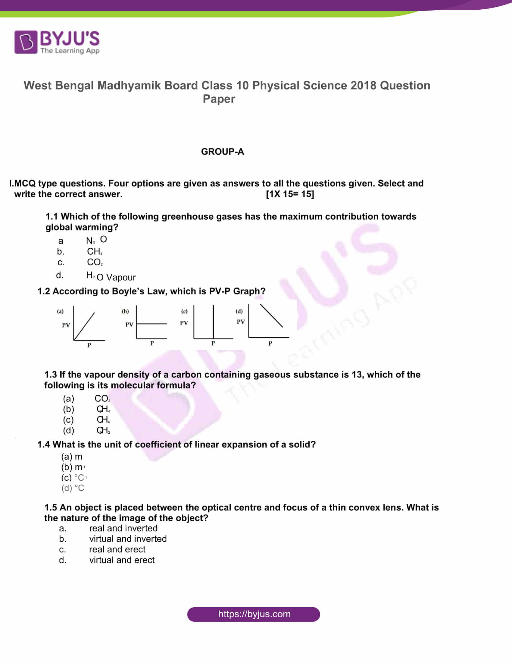 west bengal board class 10 physical science 2018 question paper 1