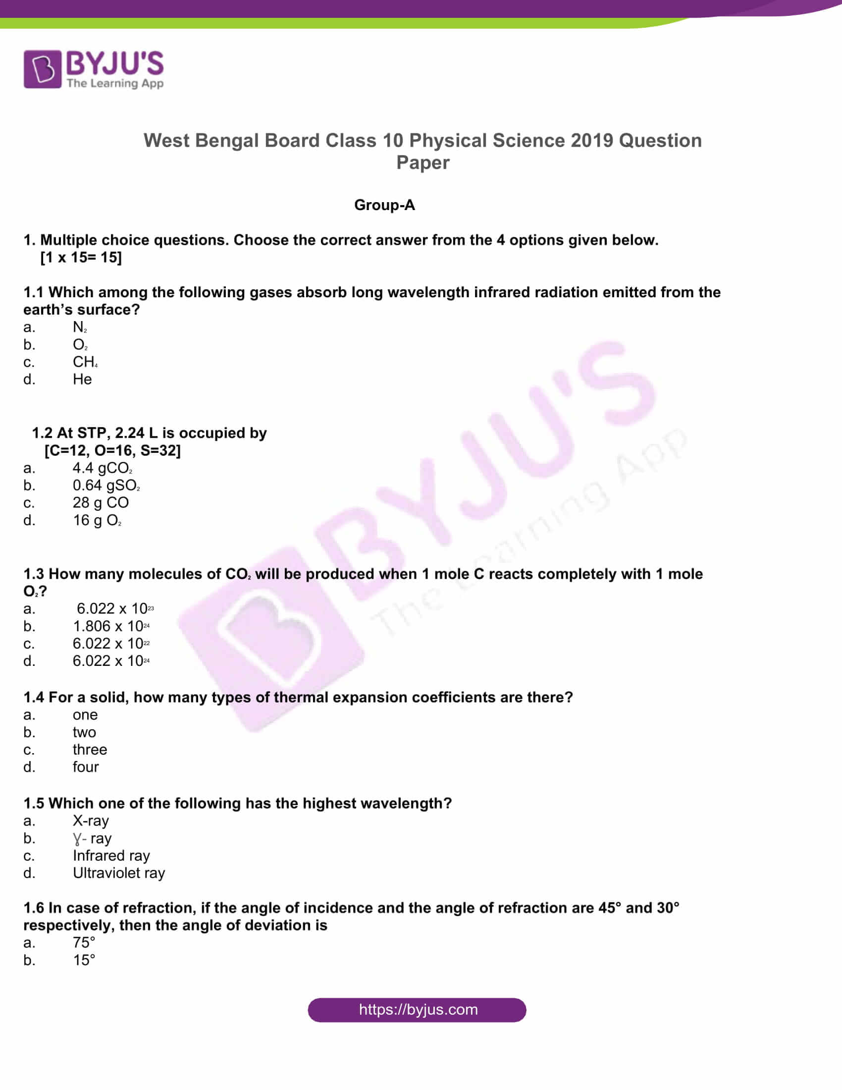 west bengal board class 10 physical science 2019 question paper 1