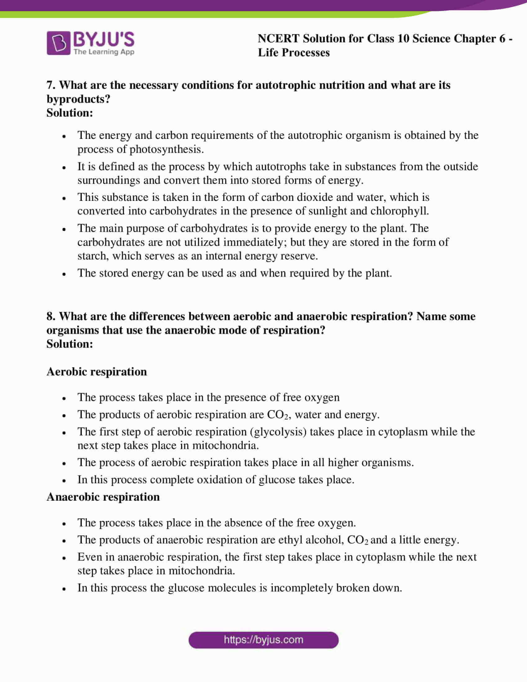 NCERT Solutions for Class 10 Science Chapter 6 Life Processes