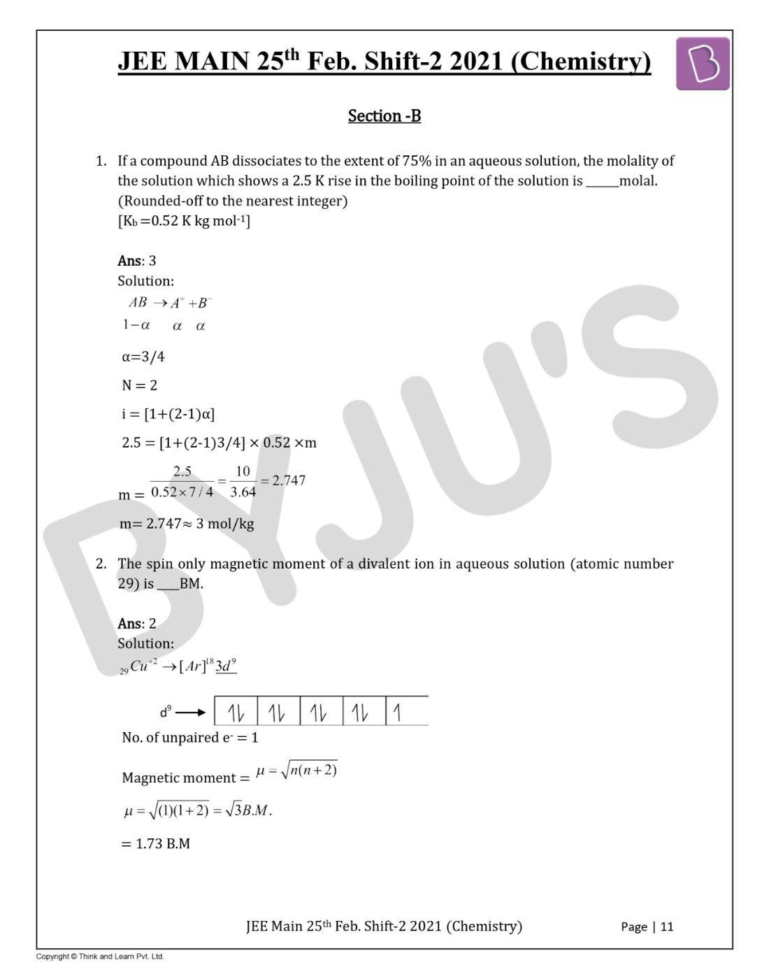JEE Main 2021 February 25 Shift 2 Chemistry Question Paper with Solutions
