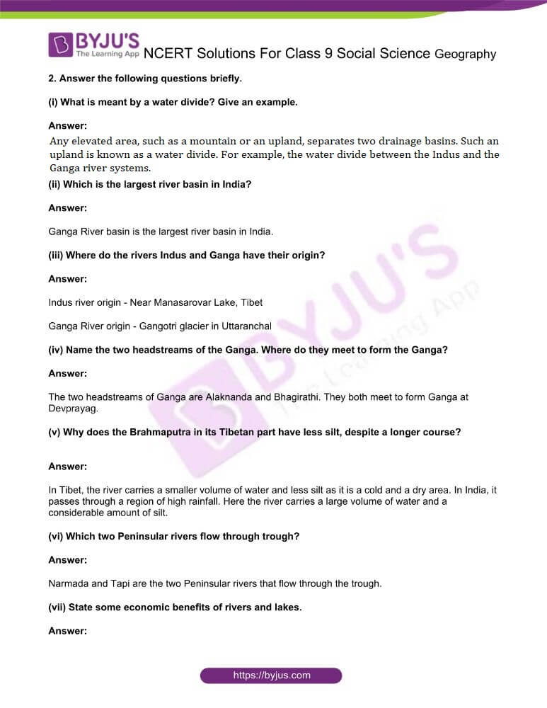NCERT Solutions For Class 9 Geography Social Science Chapter 3 Drainage Free PDF