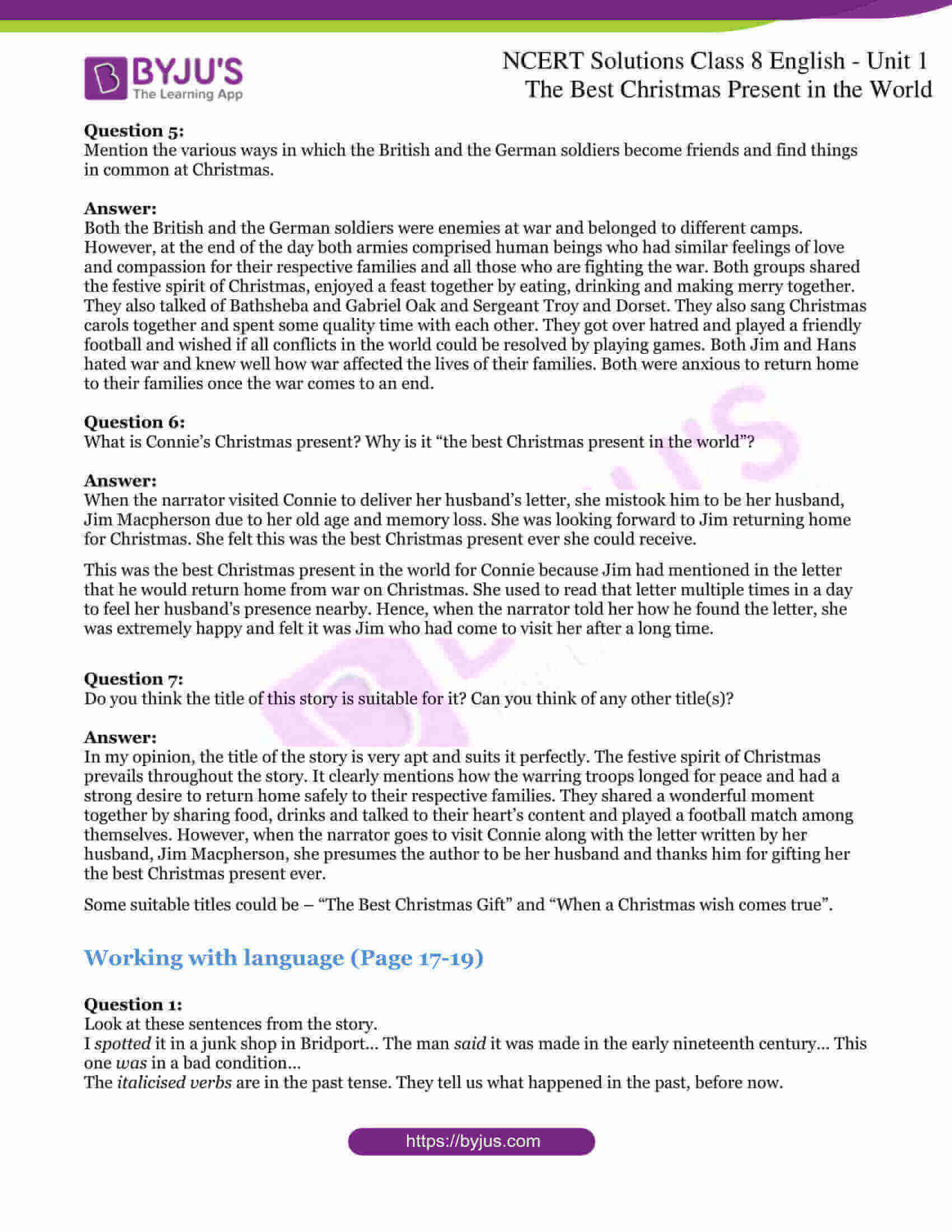 NCERT Solutions For Class 8 English Unit 1 The Best Christmas Present