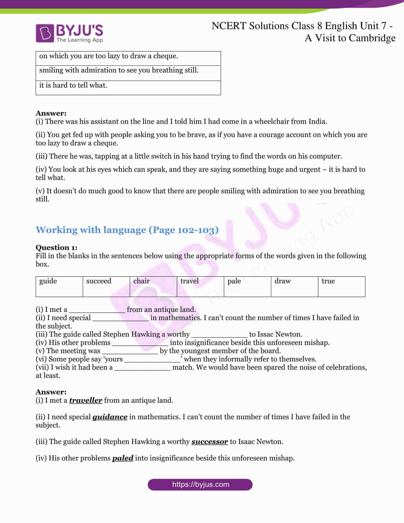 NCERT Solutions For Class 8 English Unit 7 - A Visit to Cambridge
