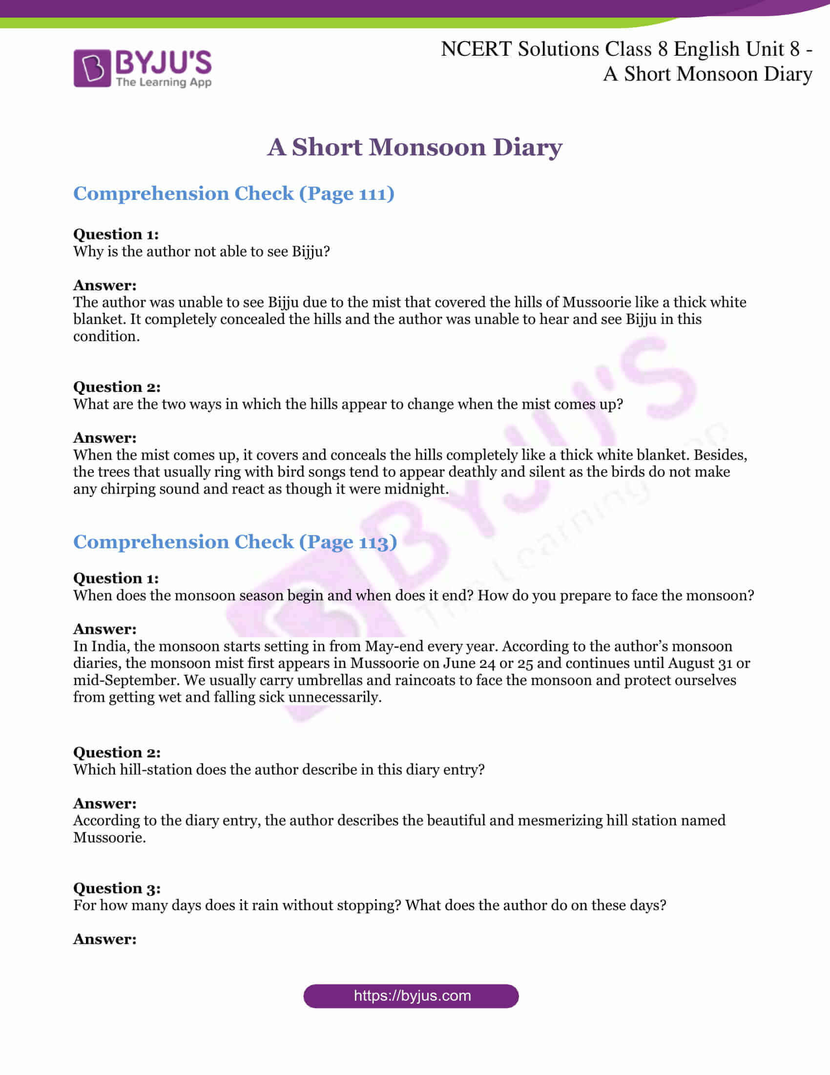 ncert solutions march23 class 8 english unit 8 a short monsoon diary 1