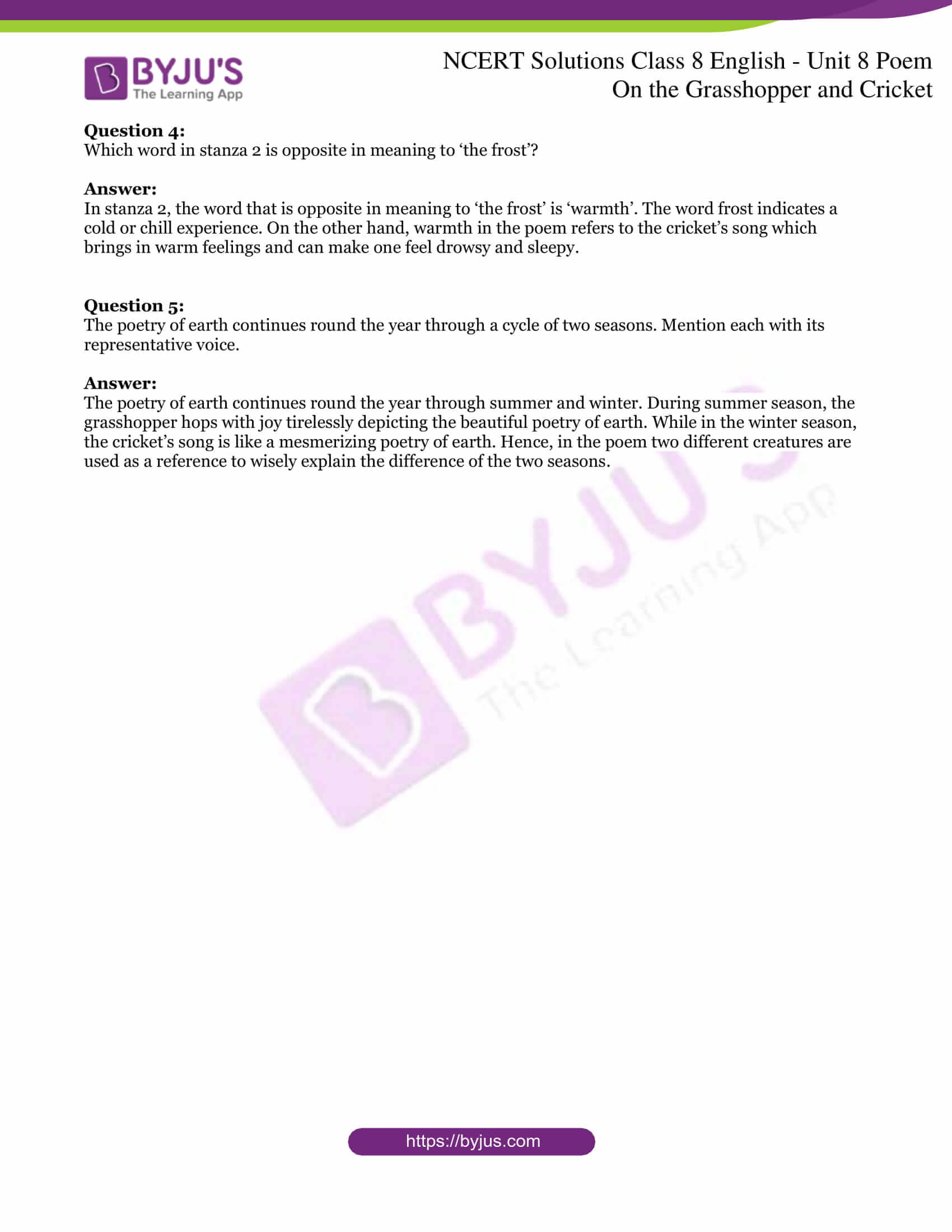 NCERT Solutions for Class 8 English Unit 8 Poem - On the Grasshopper and  Cricket