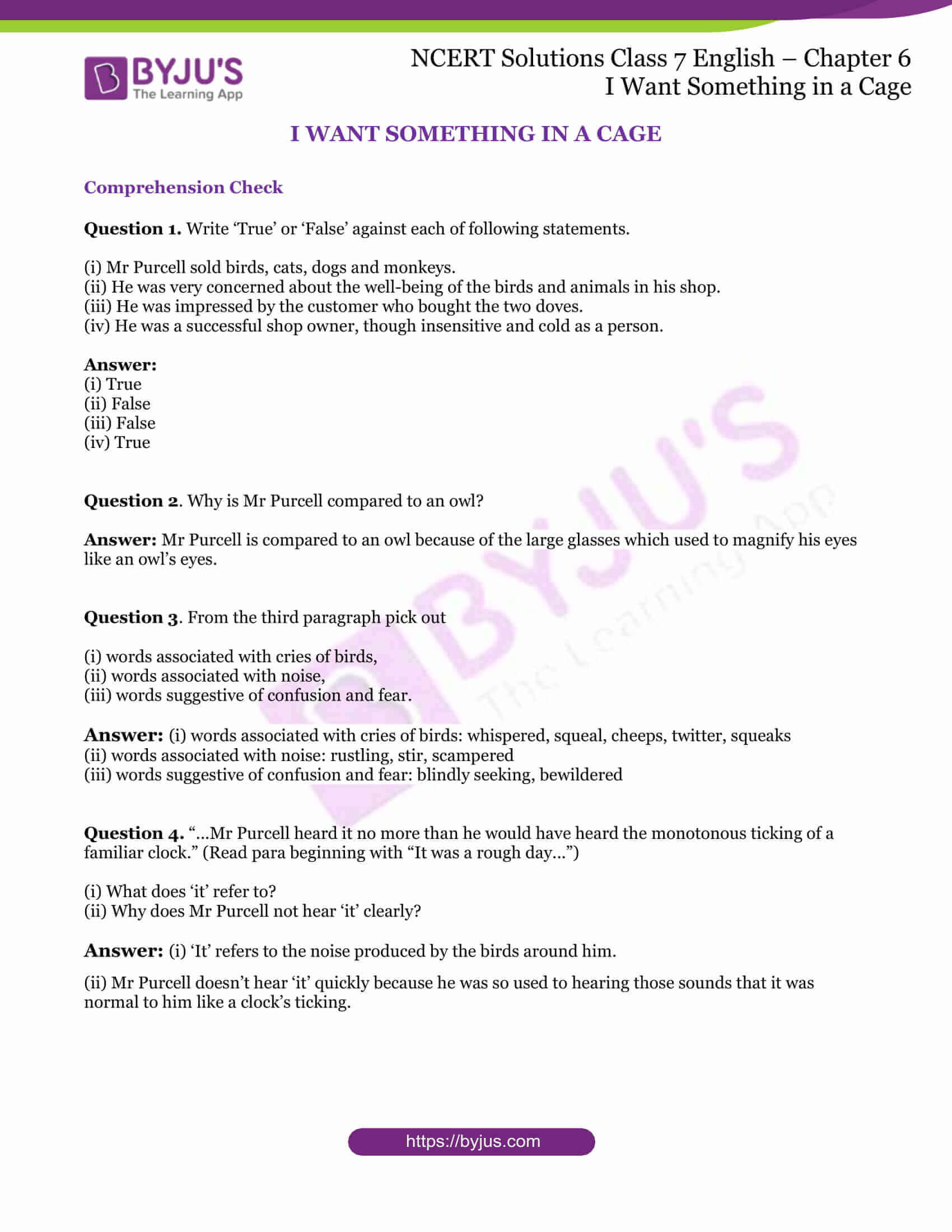 NCERT Solutions For Class 7 English Chapter 6 I Want Something In A Cage