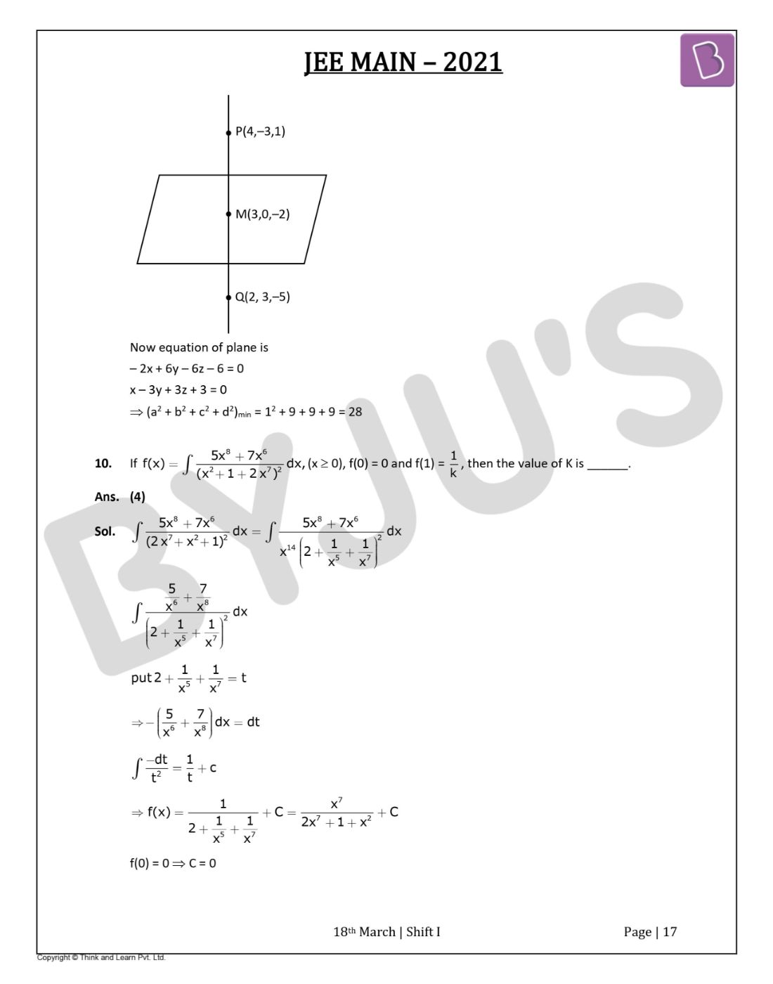 JEE Main 2021 March 18 Shift 1 Maths Solutions - Download PDF