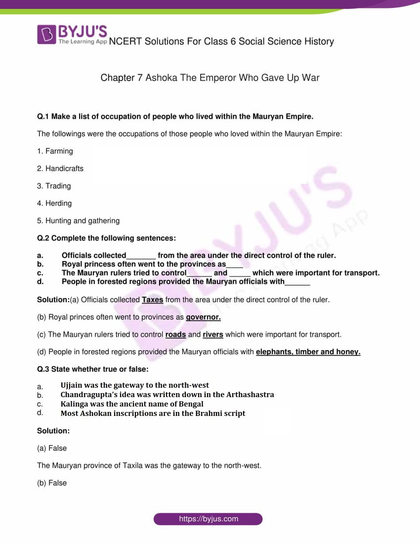NCERT Solutions For Class 6 History Social Science Chapter 7 Ashoka, The Emperor Who Gave Up War