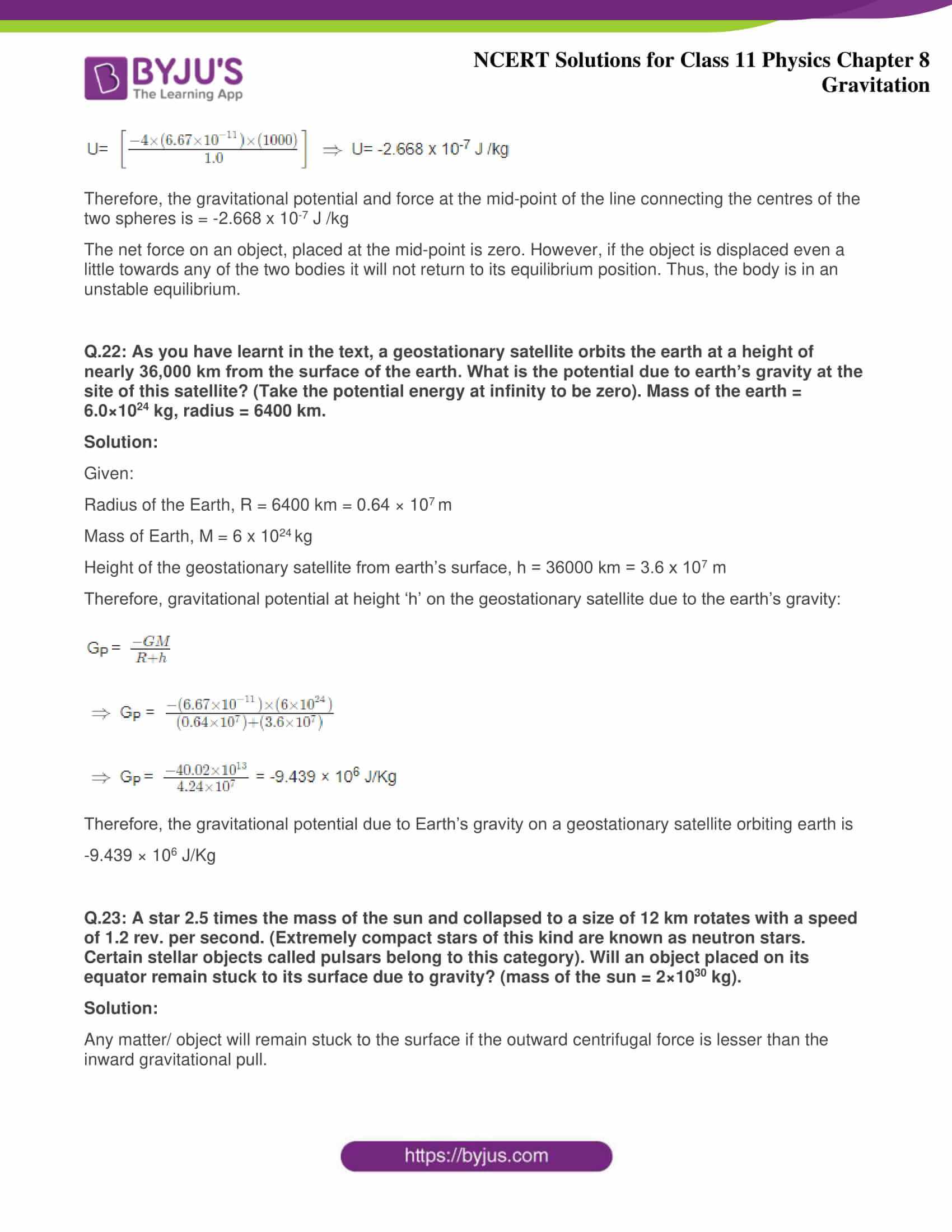 NCERT Solutions for Class 11 Physics Chapter 8 Gravitation