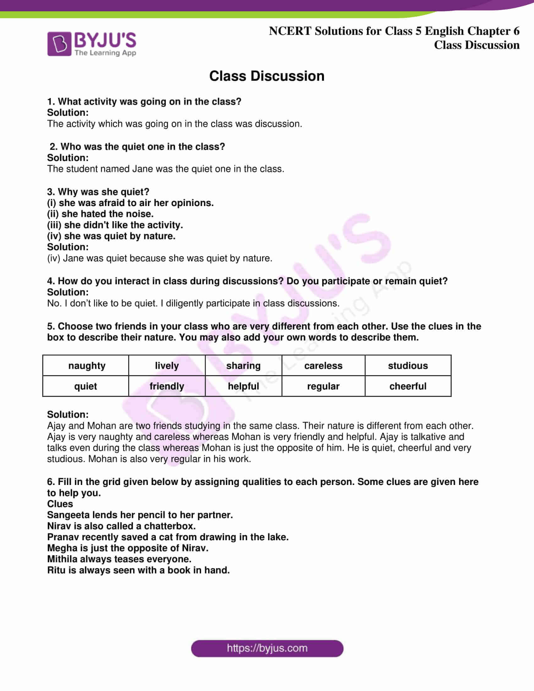 Ncert solutions for class 5 english chapter 6 class discussion and the 