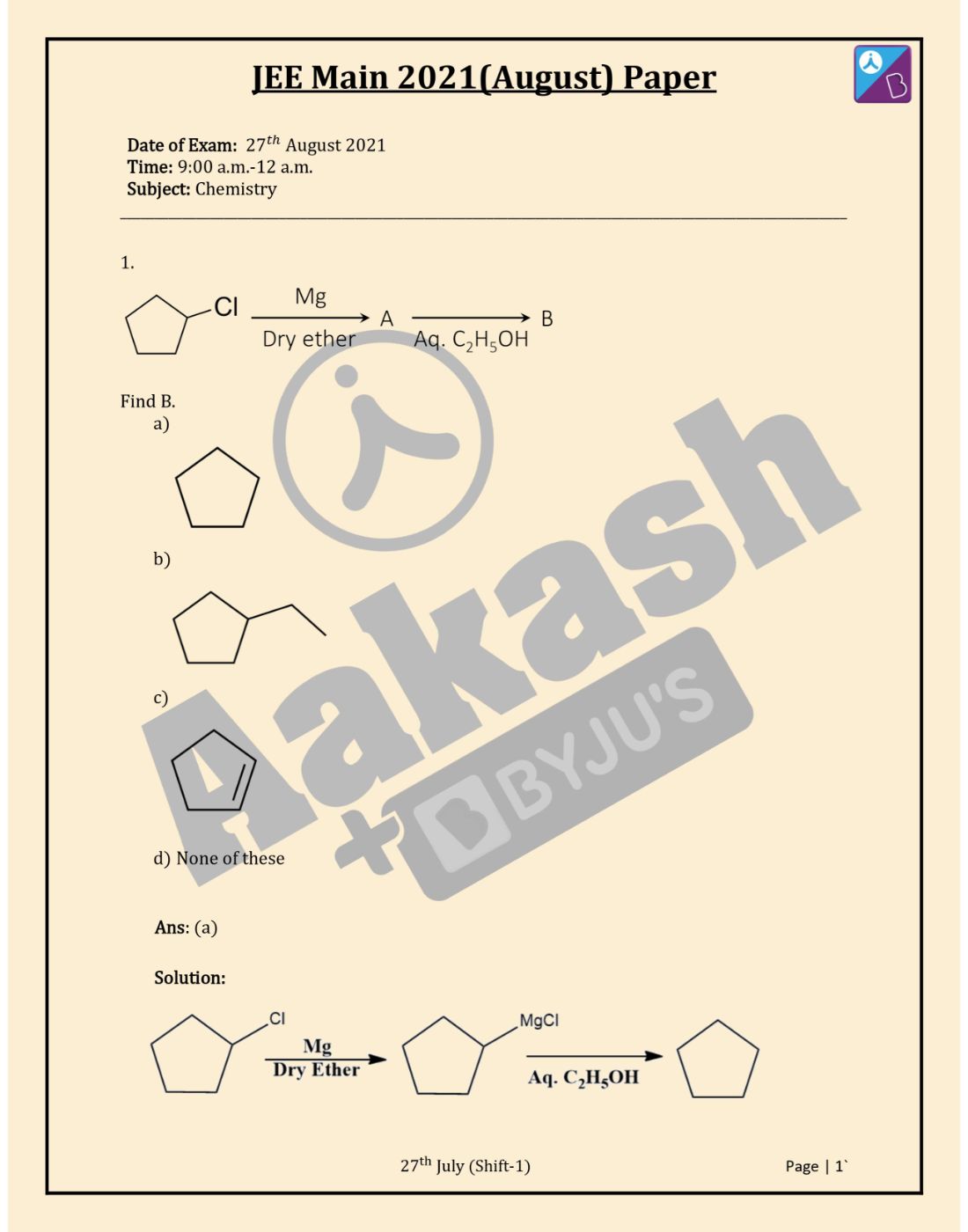Jee Main 2021 Chemistry Paper With Solutions August 27 Shift 1 Jee Main 2021 Chemistry Paper With Solutions August 27 Shift 1