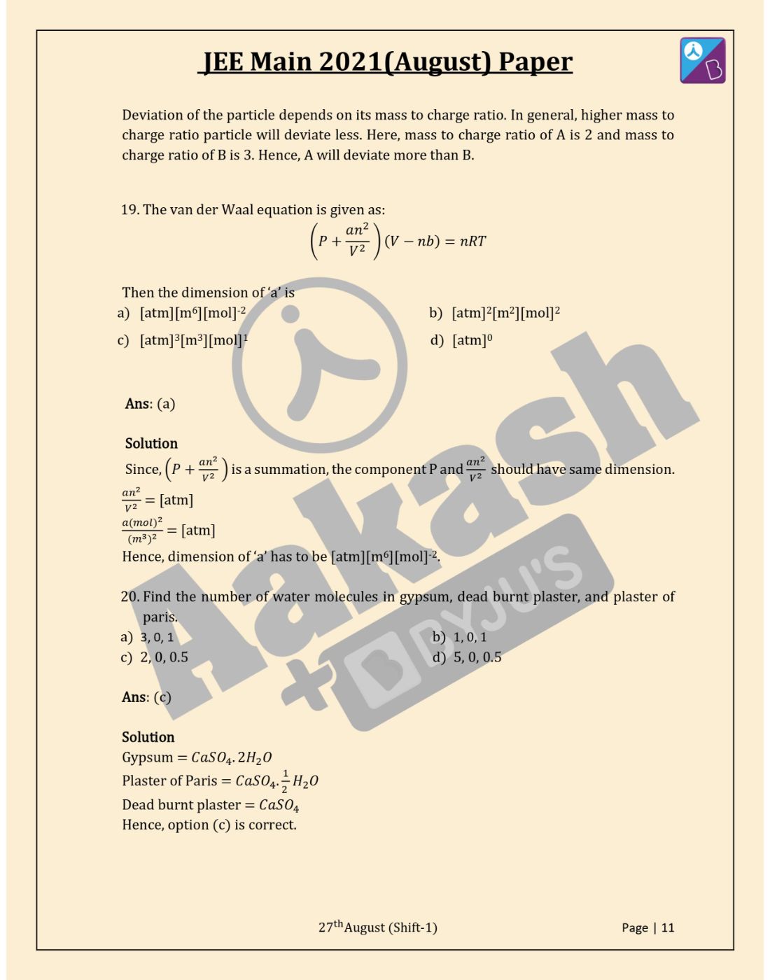 Jee Main 2021 Chemistry Paper With Solutions August 27 Shift 1 Jee Main 2021 Chemistry Paper With Solutions August 27 Shift 1