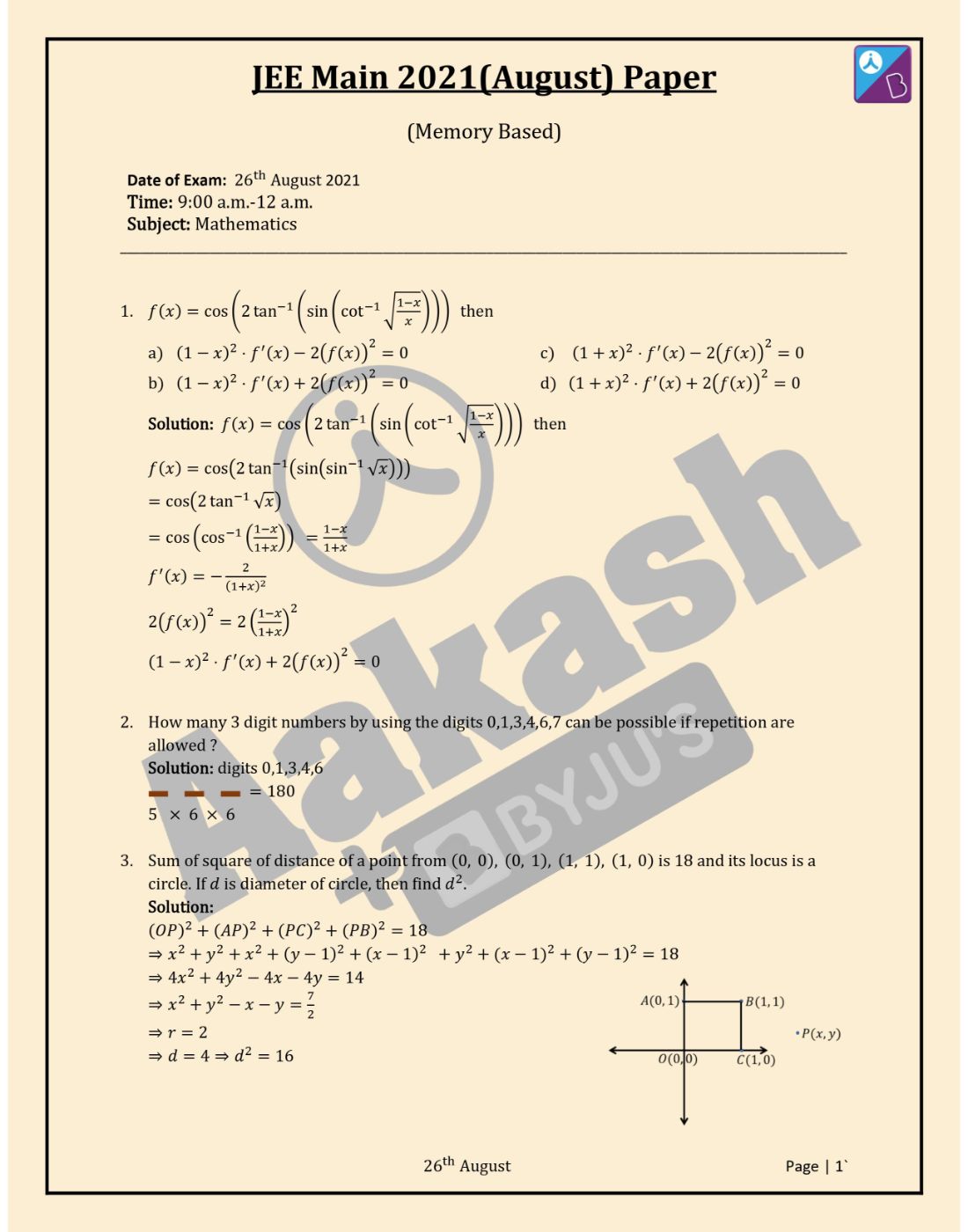 JEE Main 2021 August 26 Shift 1 Maths Question Paper with Solutions