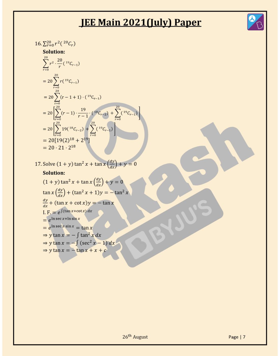 JEE Main 2021 August 26 Shift 1 Maths Question Paper with Solutions