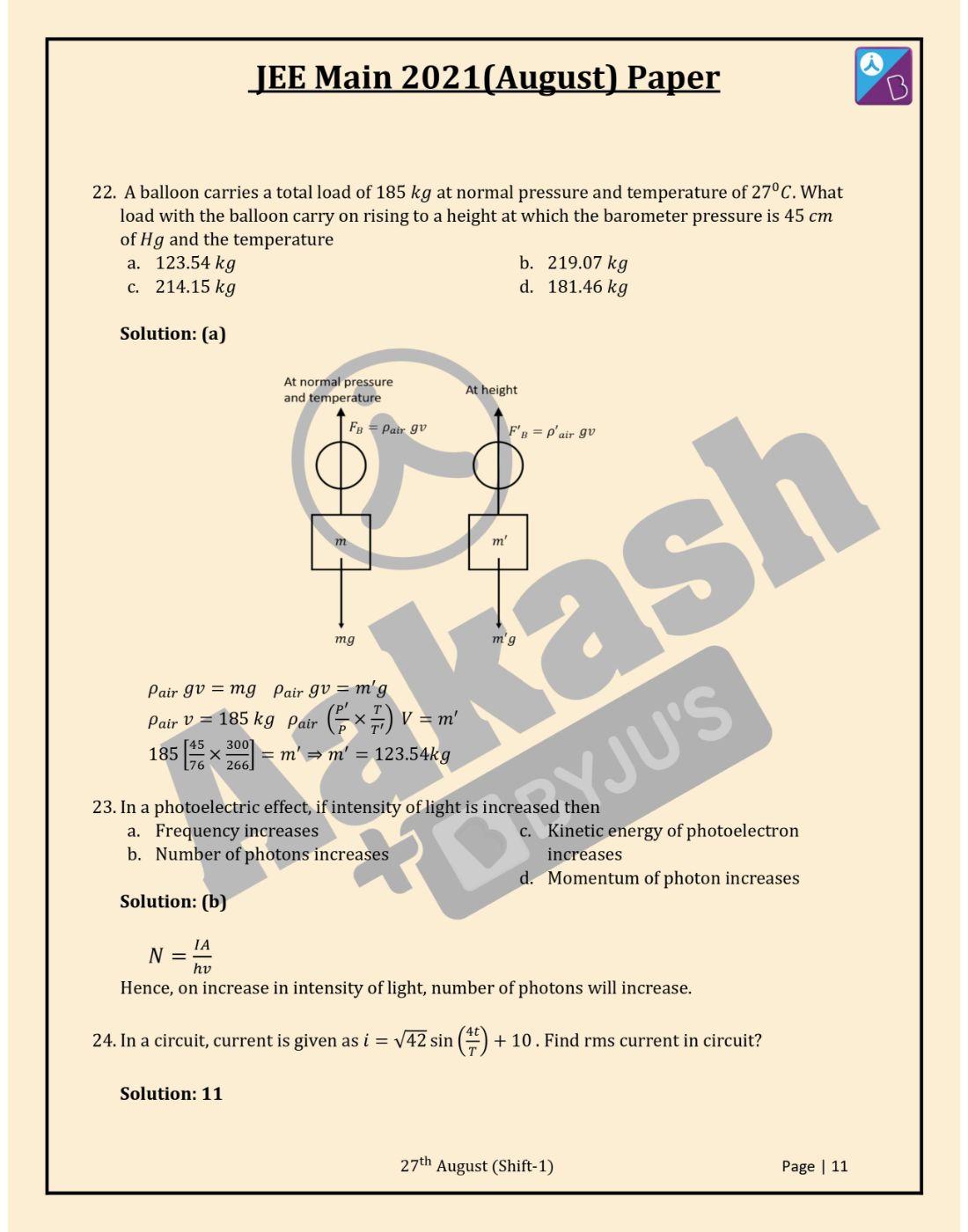 Jee main 2021 physics paper with solutions august 27 shift 1