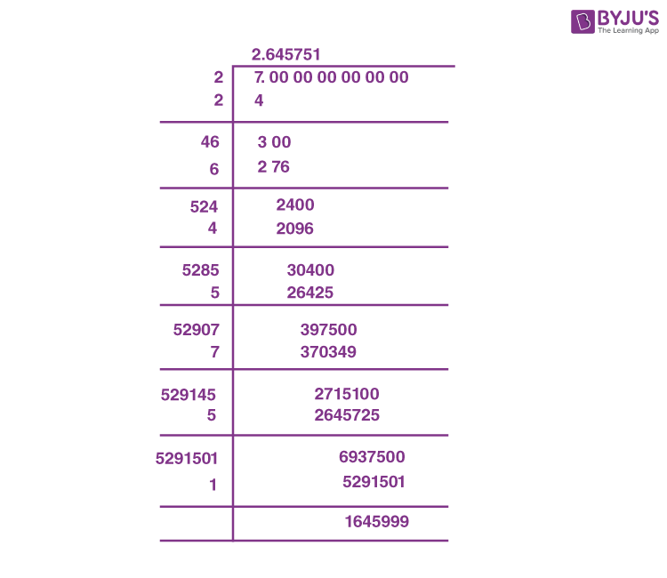 find the value of root 7 by long division method
