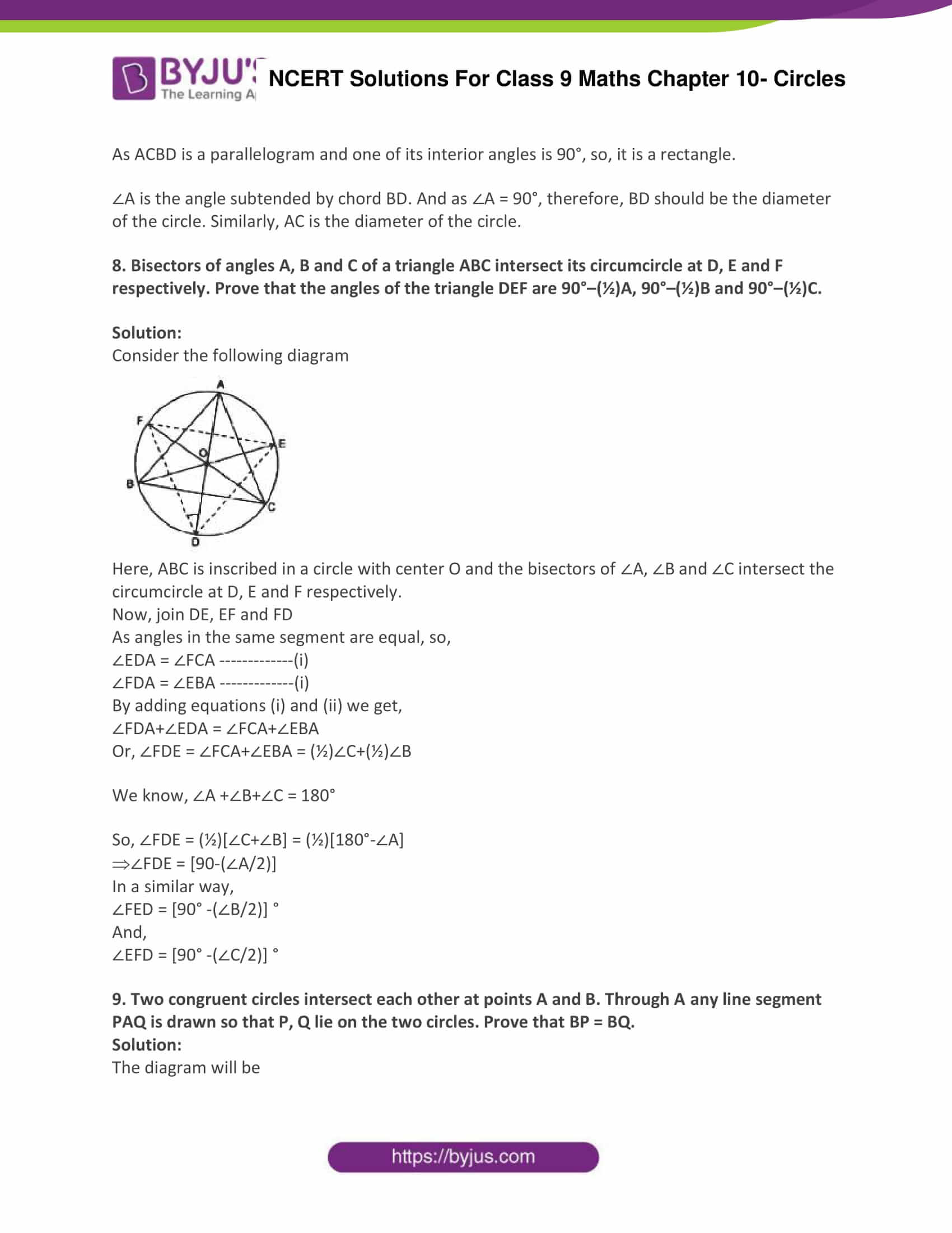 NCERT Solutions Class 9 Maths Chapter 10 Circles Free PDF Download