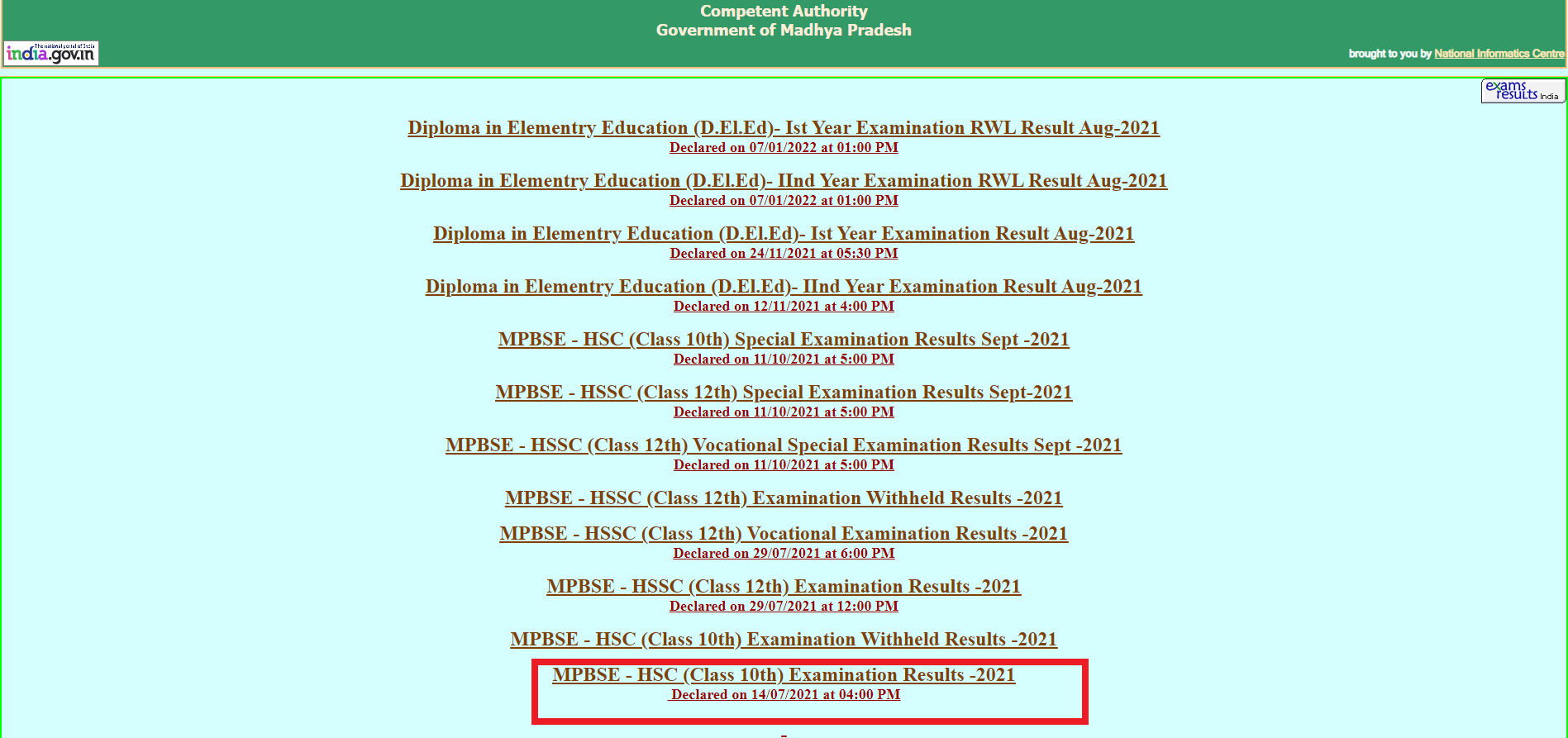 MPBSE 10th results link