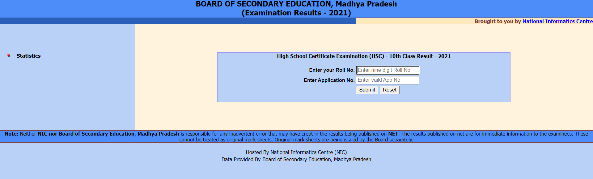MPBSE 10th results window