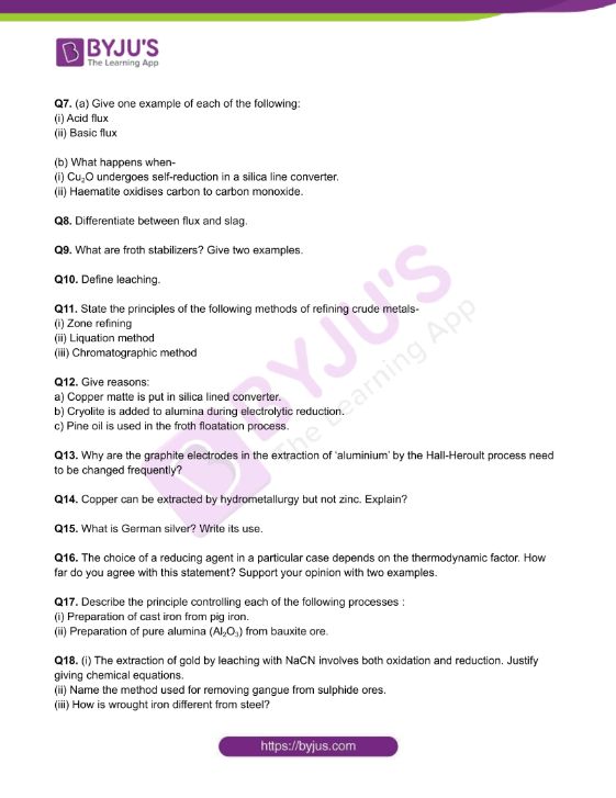 Chemistry Worksheets Class 12 on Chapter 6 General Principles and Processes of Isolation of Elements with Answers - Set 3