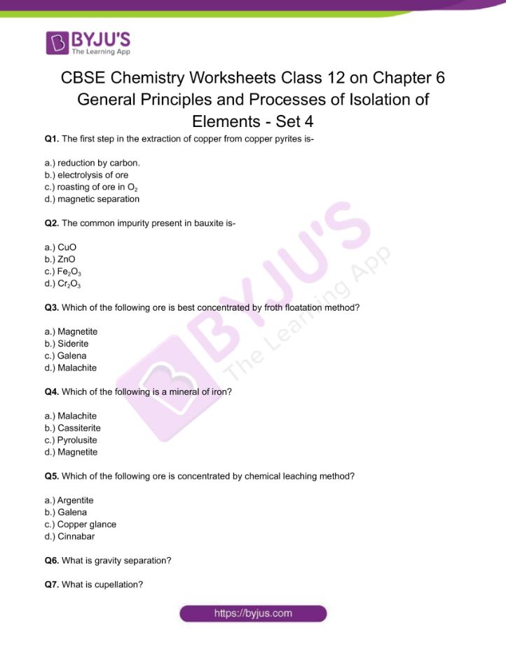 Chemistry Worksheets Class 12 on Chapter 6 General Principles and Processes of Isolation of Elements with Answers - Set 4