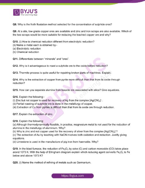 Chemistry Worksheets Class 12 on Chapter 6 General Principles and Processes of Isolation of Elements with Answers - Set 4