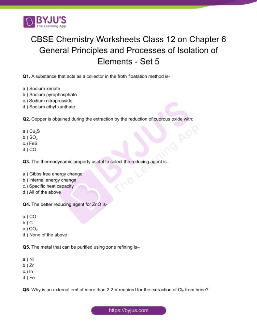 Chemistry Worksheets Class 12 on Chapter 6 General Principles and Processes of Isolation of Elements with Answers - Set 5