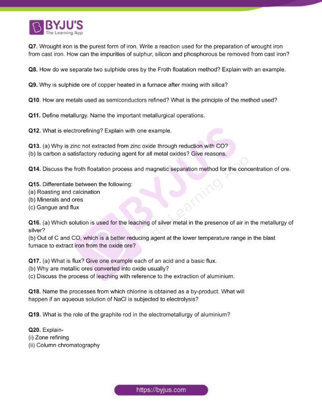 Chemistry Worksheets Class 12 on Chapter 6 General Principles and Processes of Isolation of Elements with Answers - Set 5