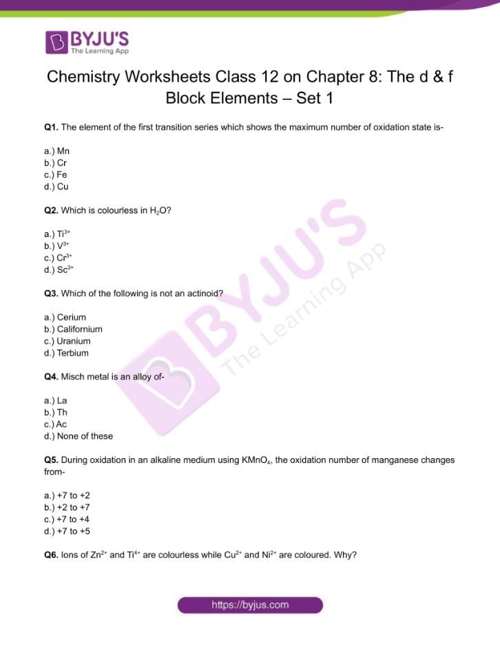 Chemistry Worksheets Class 12 on Chapter 8: The d & f Block Elements with Answers - Set 1