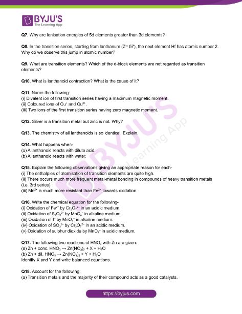 Chemistry Worksheets Class 12 on Chapter 8: The d & f Block Elements with Answers - Set 1