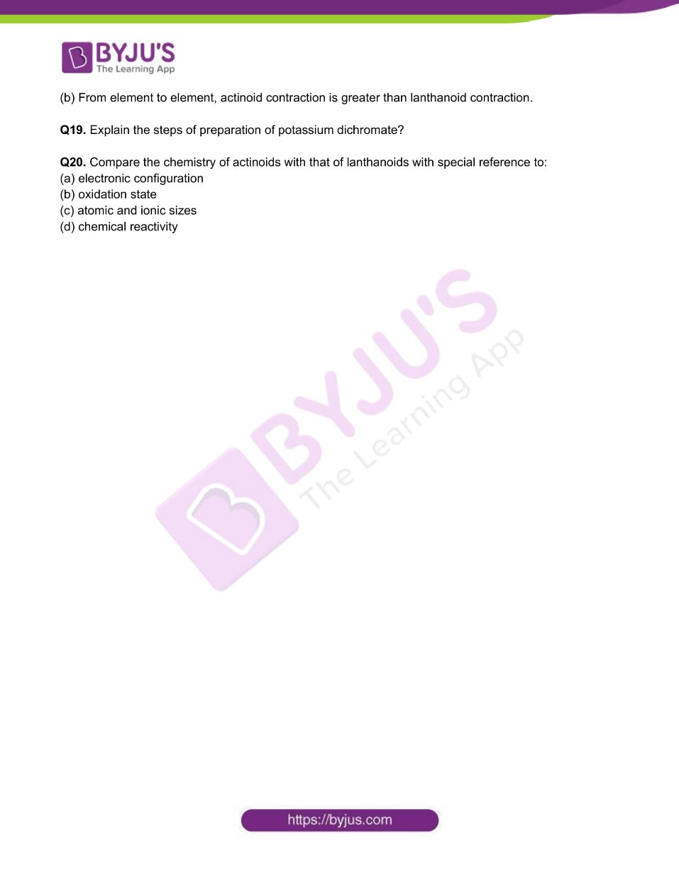 Chemistry Worksheets Class 12 on Chapter 8: The d & f Block Elements with Answers - Set 1