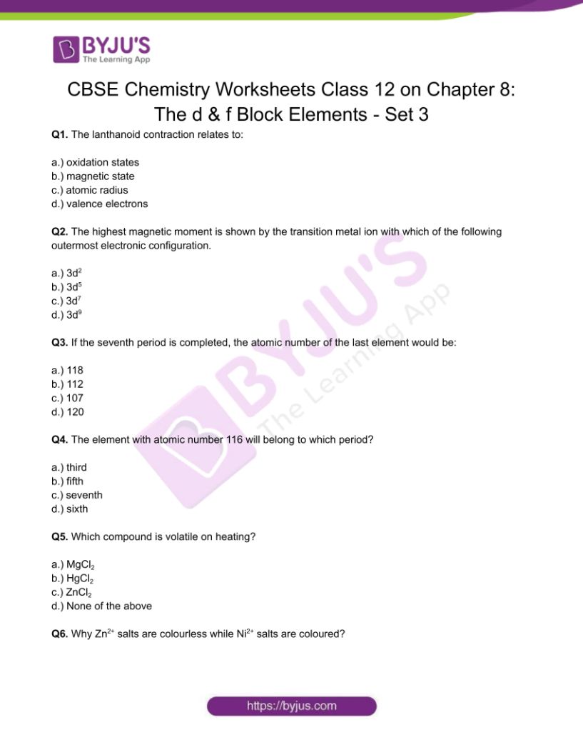 Chemistry Worksheets Class 12 on Chapter 8: The d & f Block Elements with Answers - Set 3