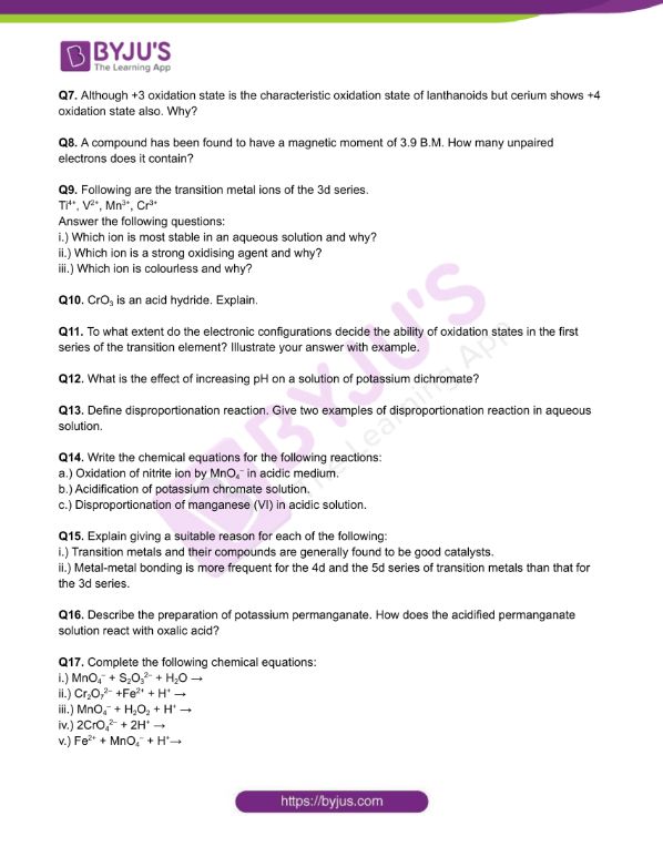 Chemistry Worksheets Class 12 on Chapter 8: The d & f Block Elements with Answers - Set 3