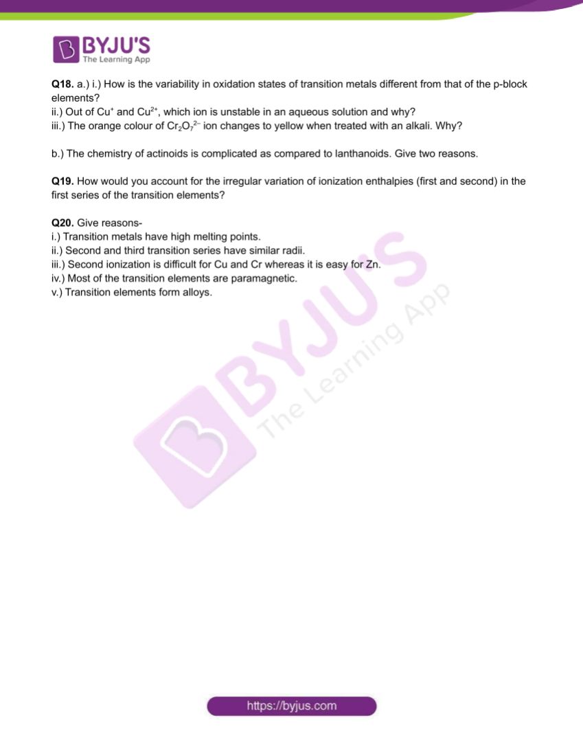 Chemistry Worksheets Class 12 on Chapter 8: The d & f Block Elements with Answers - Set 3